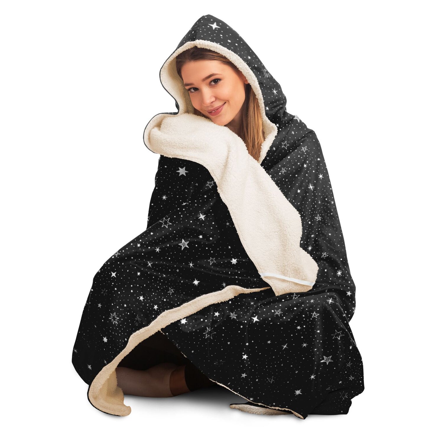 Stars Hooded Blanket, Black Silver Space Galaxy Sherpa Fleece Soft Fluffy Cozy Warm Adult Men Women Kids Large Wearable with Hood Gift