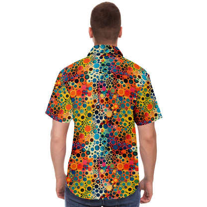 Psychedelic Men Button Up Shirt, Funky Groovy Retro Vibrant Dot Art Vintage Short Sleeve Festival Print Buttoned Down Guys Collared Designer