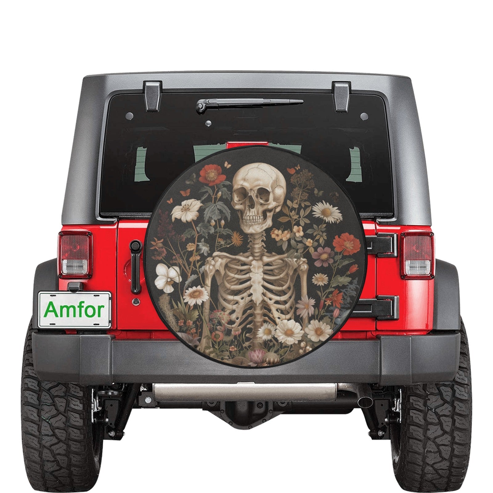 Skull with teal Flower/Floral Spare Tire Cover for any Vehicle, buy Make, Model and Size