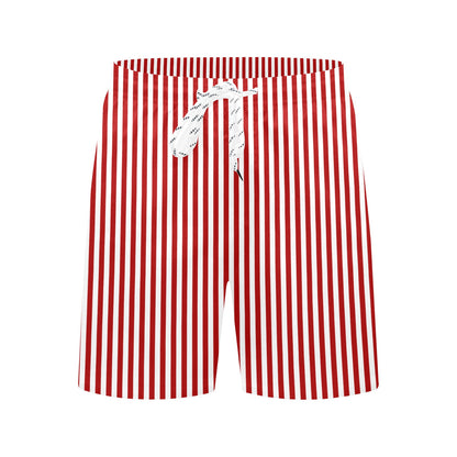 Red White Striped Men Swim Trunks, Mid Length Shorts Beach Pockets Mesh Lining Drawstring Boys Casual Bathing Suit Plus Size Swimwear