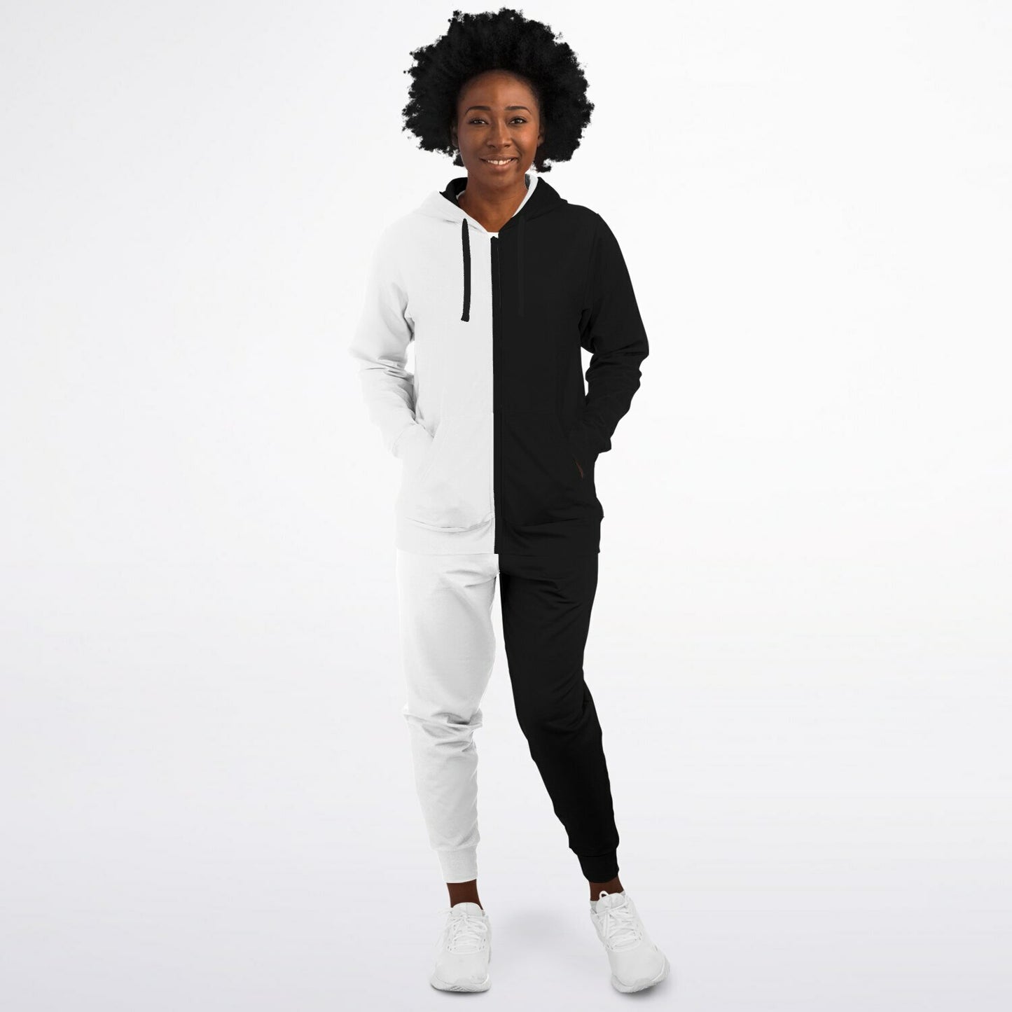 Half Black Half White Zip Hoodie Jogger Sweatsuit Set, Two Tone Split Zipper Lounge Hooded Sweatshirt Sweatpants Women Men Cotton Matching