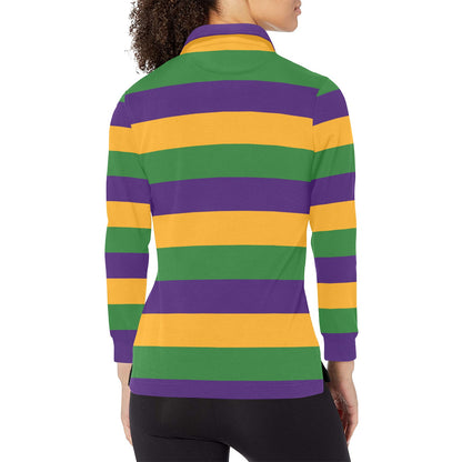 Mardi Grass Striped Women Long Sleeve Polo Shirt, Purple Green Gold Colored Designer Graphic Collared Crew Neck Ladies Female Tee Top Shirt