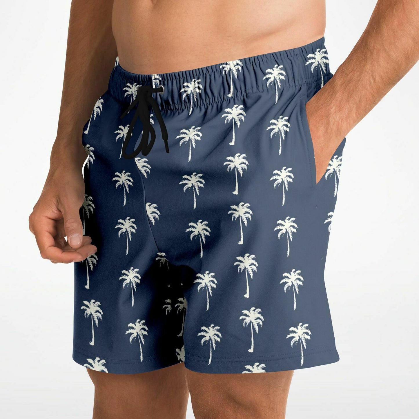 Palm Trees Men Shorts, Navy Blue Beach Male Casual with Pockets 7 Inch Inseam Drawstring Casual Designer Cool Summer