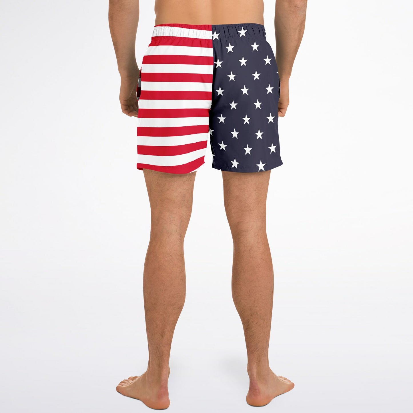 American Flag Men Swim Trunks, USA Patriotic Stars Stripes Red White Blue 4th of July Bathing Shorts Beach Surf Swimwear Male Pockets Lining