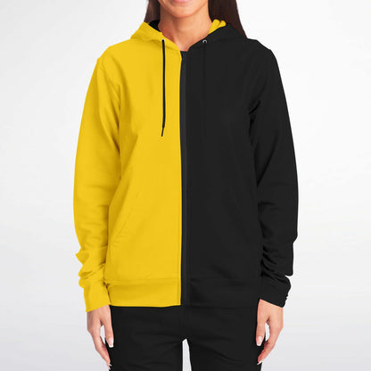 Half Black and Half Yellow Hoodie, Two Tone Color Split Pullover Zip Up Zipper Men Guys Women Plus Size Cotton Hooded Sweatshirt Pockets