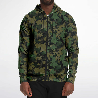 Green Camo Zip Up Hoodie, Realistic Camouflage Woodland Leaf Full Zipper Pocket Men Women Unisex Adult Cotton Fleece Hooded Sweatshirt