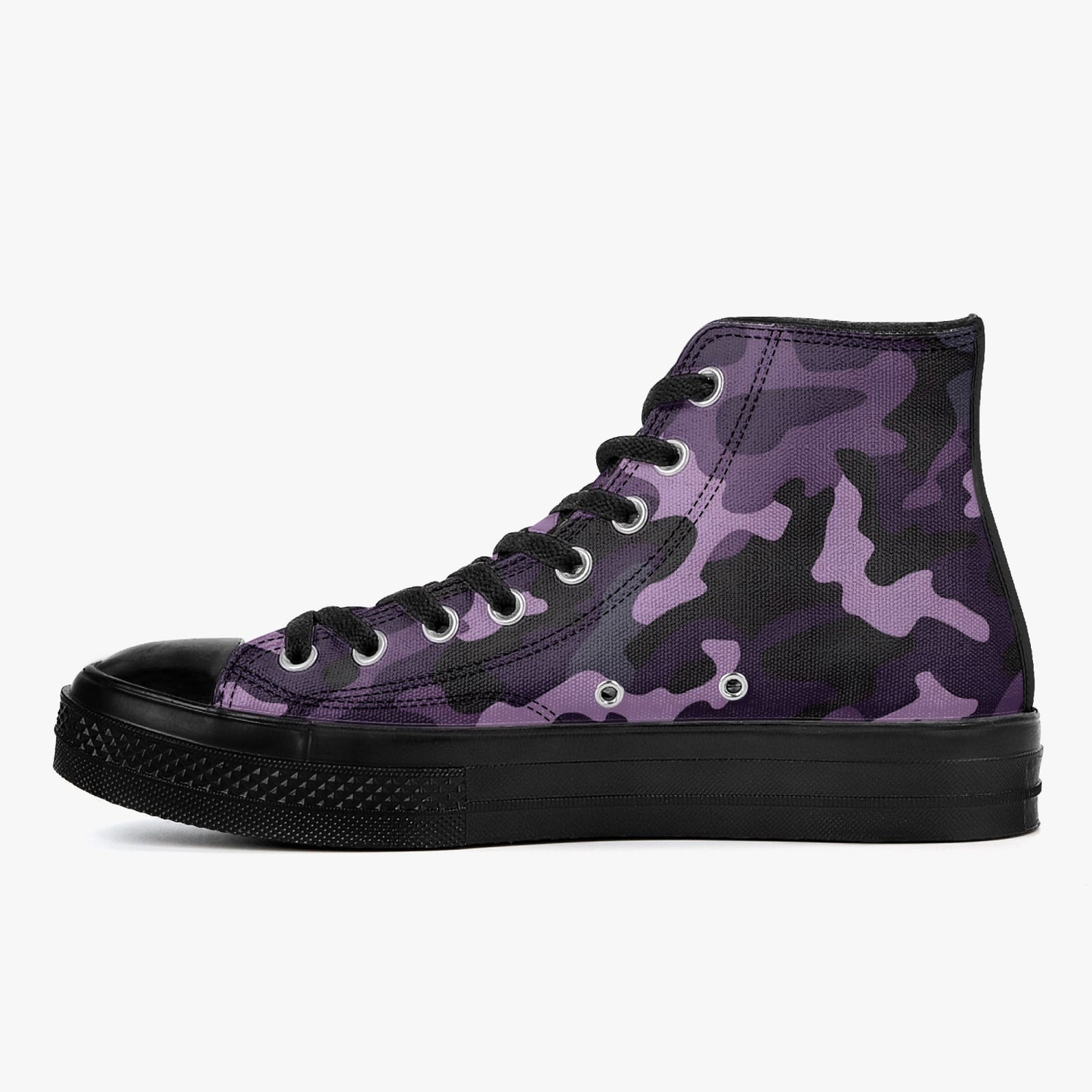 Black Purple Camo High Top Shoes Sneakers, Camouflage Men Women Lace Up Footwear Canvas Streetwear Designer Ladies Guys Casual