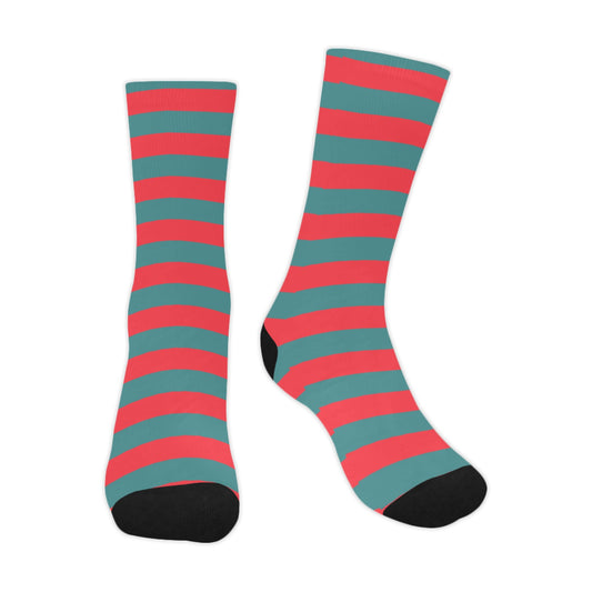 Red Green Striped Socks,  Crew Sublimation Christmas Xmas Holiday Women Men Designer Fun Novelty Cool Funky Crazy Casual Unique Dress Socks