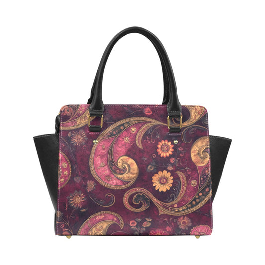 Burgundy Paisley Purse Handbag, Maroon Floral Cute Vegan Leather Designer Women Ladies Female Gift Tote Top Zip Handle Bag Shoulder Strap