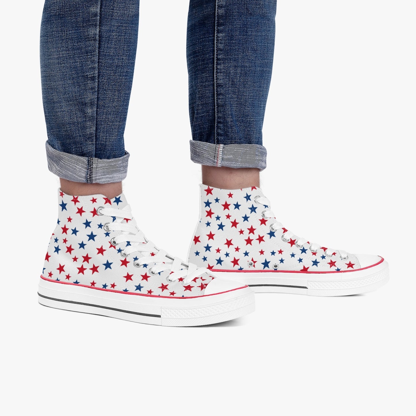 Red White Blue Stars High Top Shoes, American Flag USA Women Men Lace Up Sneakers 4th of July Footwear Canvas Ladies Trainers Designer