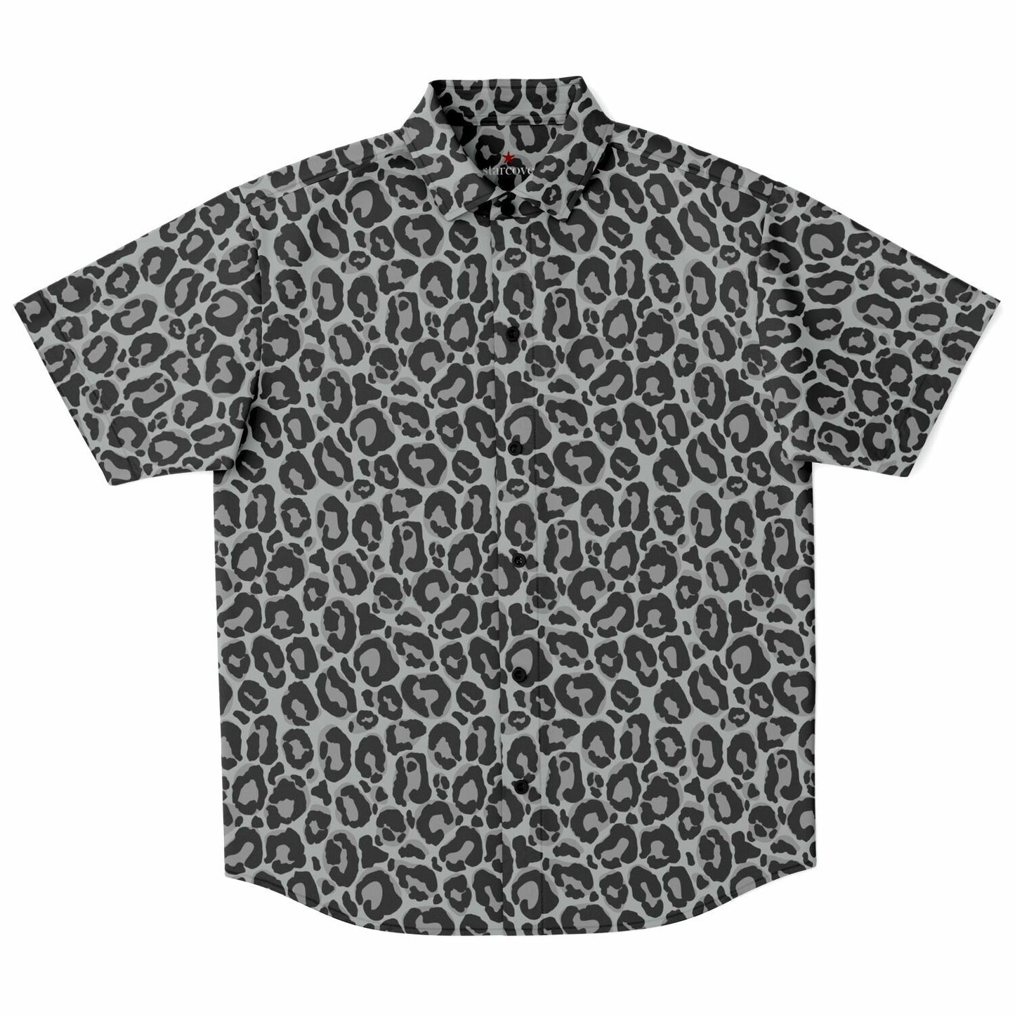 Grey Leopard Men Button Up Shirt, Animal Cheetah Print Short Sleeve Print Casual Buttoned Down Summer Male Guys Collared Designer Dress