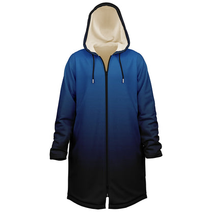 Black Blue Ombre Hooded Fleece Cloak Zipper Jacket, Tie Dye Coat Men Women Male Ladies Winter Warm Mink Hooded Blanket Festival Cape Pockets