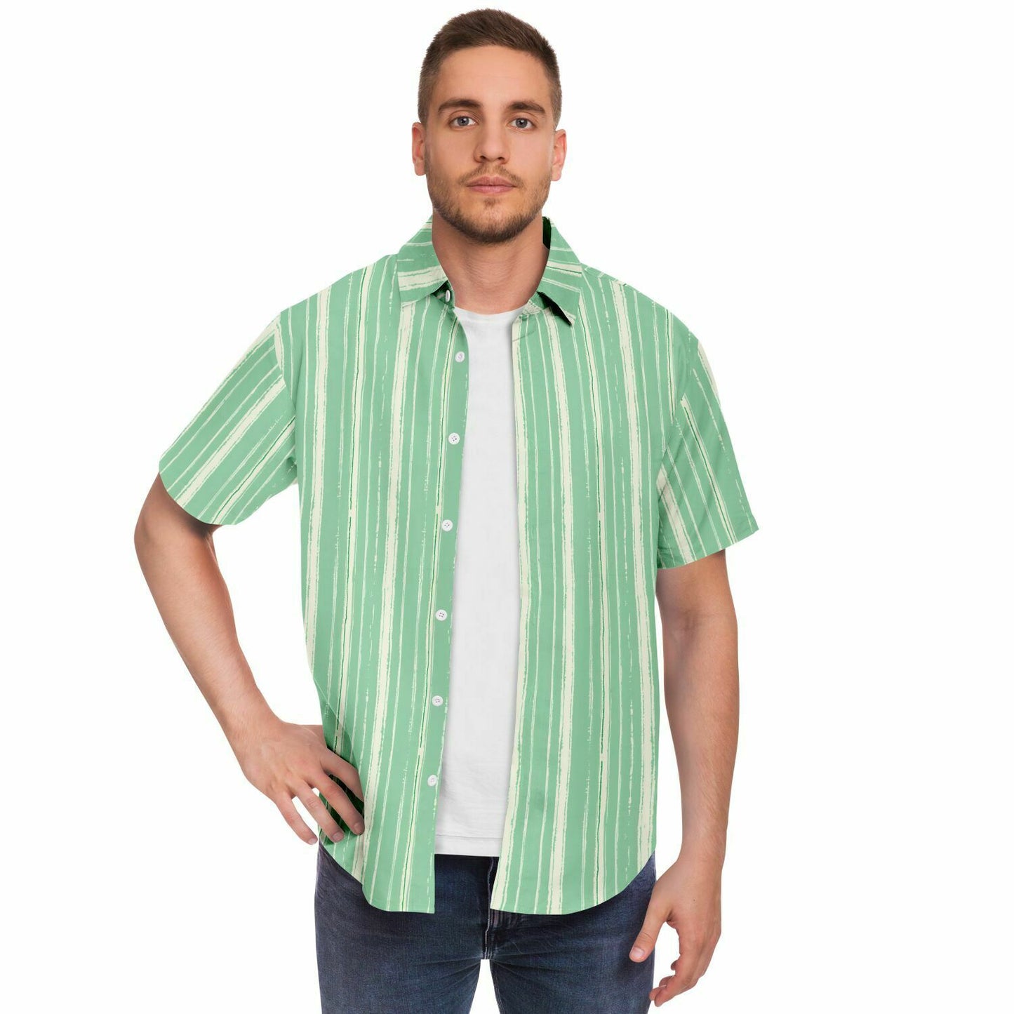 Mint Green Striped Men Button Up Shirt, Vertical Stripe Short Sleeve Print Casual Buttoned Down Summer Male Guys Collared Designer Dress