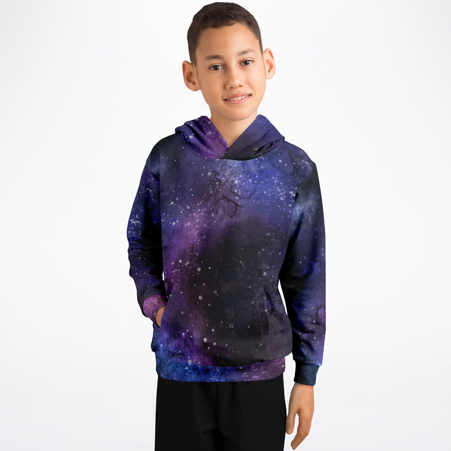 Galaxy Space Kids Pullover Hoodie, Purple Stars Universe Girls Boy Toddler Youth Fleece Aesthetic Cotton Graphic Hooded Sweatshirt Pockets