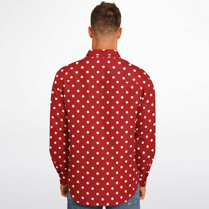 Red White Polka Dots Long Sleeve Men Button Up Shirt, Guys Male Print Buttoned Down Collared Graphic Casual Dress Plus Size Shirt