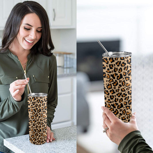 Leopard Tumbler 20oz Lid Straw, Animal Print Cheetah Stainless Steel Travel Mug Insulated Cup Flask Coffee Traveler Custom Gift Men Women