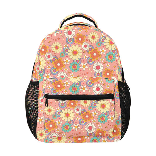 Pink Floral Backpack, Vintage Retro Flowers Men Women Kids Gift Girls School College Waterproof Side Pockets Laptop Designer Aesthetic Bag