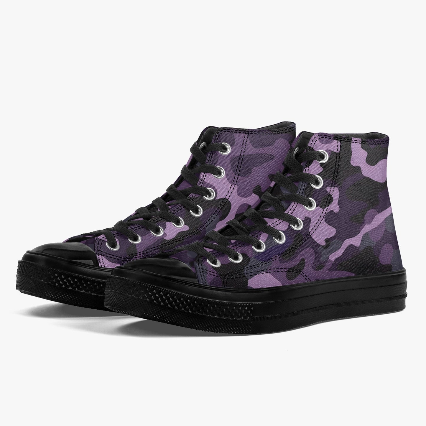 Black Purple Camo High Top Shoes Sneakers, Camouflage Men Women Lace Up Footwear Canvas Streetwear Designer Ladies Guys Casual