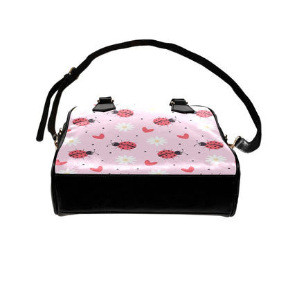 Ladybug Shoulder Purse, Cute Pink Daisy Floral Small Retro Vintage Vegan Leather Women Designer Handbag with Strap Crossbody Ladies Bag