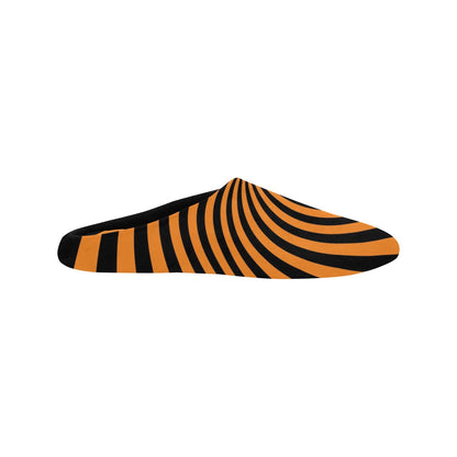 Orange Black Women's Slippers, Spiral Striped Halloween Ladies Indoor House Slide Bedroom Warm Winter Cozy Designer Slip On Cotton Shoes