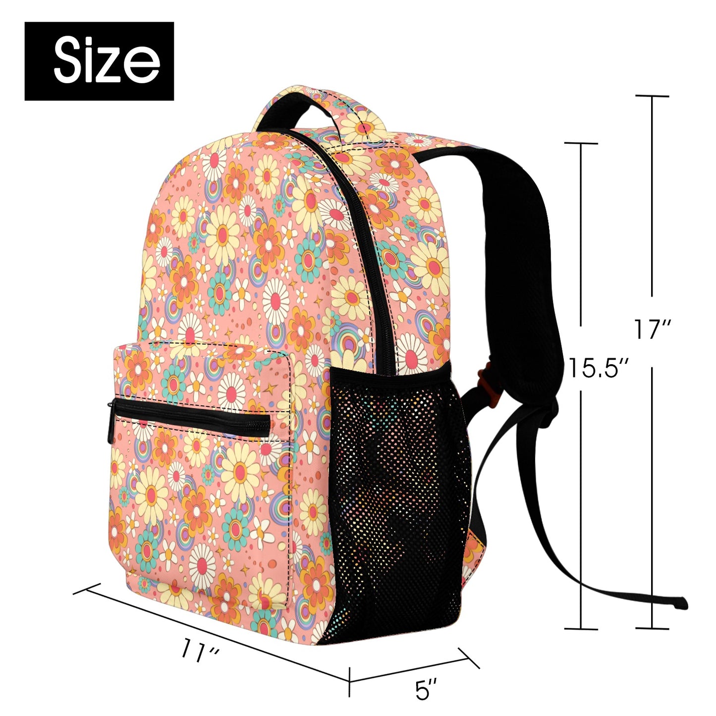 Pink Floral Backpack, Vintage Retro Flowers Men Women Kids Gift Girls School College Waterproof Side Pockets Laptop Designer Aesthetic Bag