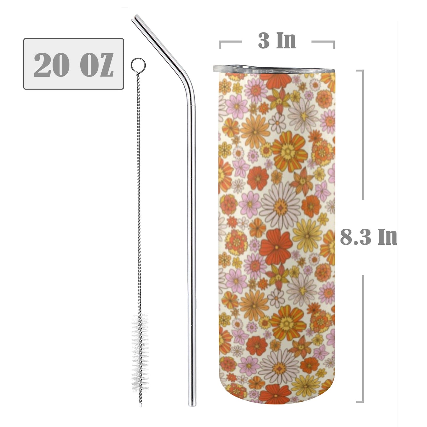 Retro Floral Tumbler 20oz Lid Straw, Flowers Orange Pink Vintage Stainless Steel Travel Mug Insulated Cup Flask Coffee Traveler Custom Women