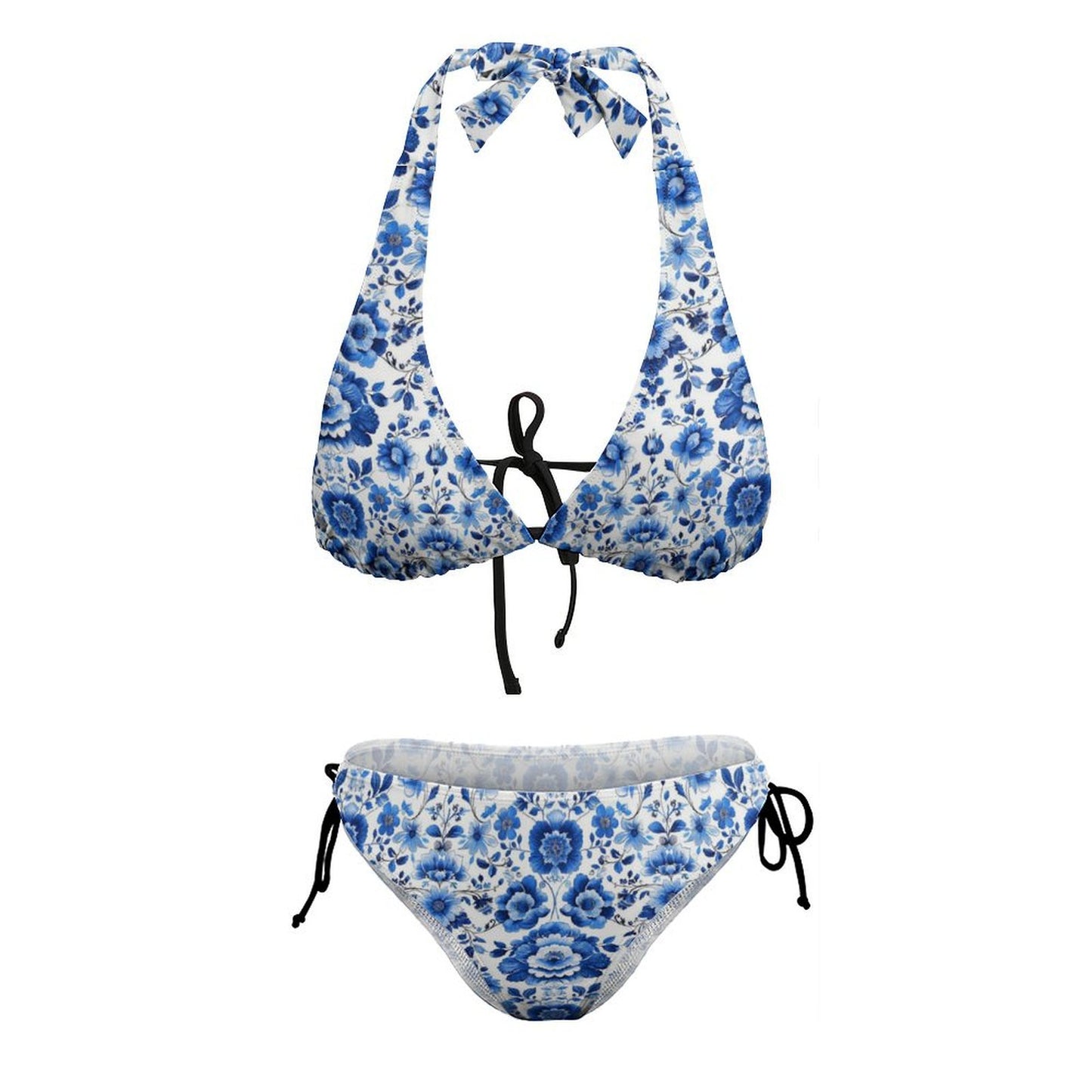 Blue and White Floral Bikini Set, Flowers High Waisted Cute Cheeky Bottom String Halter Neck Top Sexy Swimsuits Women Swimwear Bathing Suit