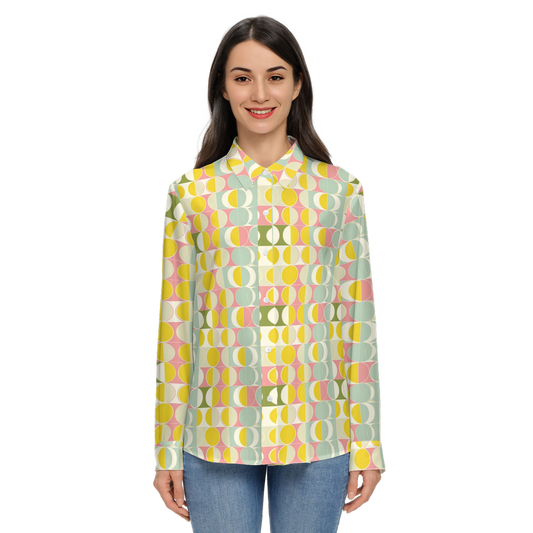 Mid Century Modern Long Sleeve Shirt Women, Retro 60s Vintage Yellow Button Up Ladies Blouse Print Buttoned Down Collared Casual Dress Top