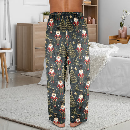 Nutcracker Christmas Men Pajamas Pants, Xmas Trees Green Gold Stars PJ Pockets Sleep Lounge Trousers Guys Male Matching Sleepwear Bottoms