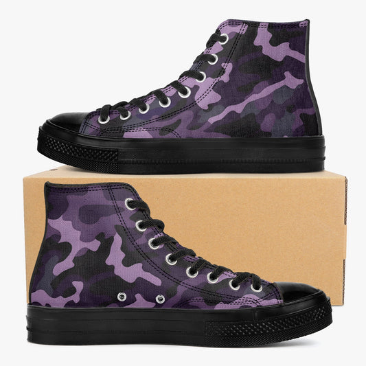 Black Purple Camo High Top Shoes Sneakers, Camouflage Men Women Lace Up Footwear Canvas Streetwear Designer Ladies Guys Casual