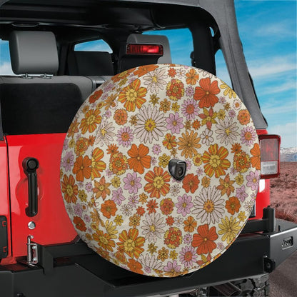 Groovy Floral Spare Tire Cover, Cute Orange 70s Flowers Backup Camera Hole Unique Back Extra Wheel Cars RV Men Women Girls Trailer Campers