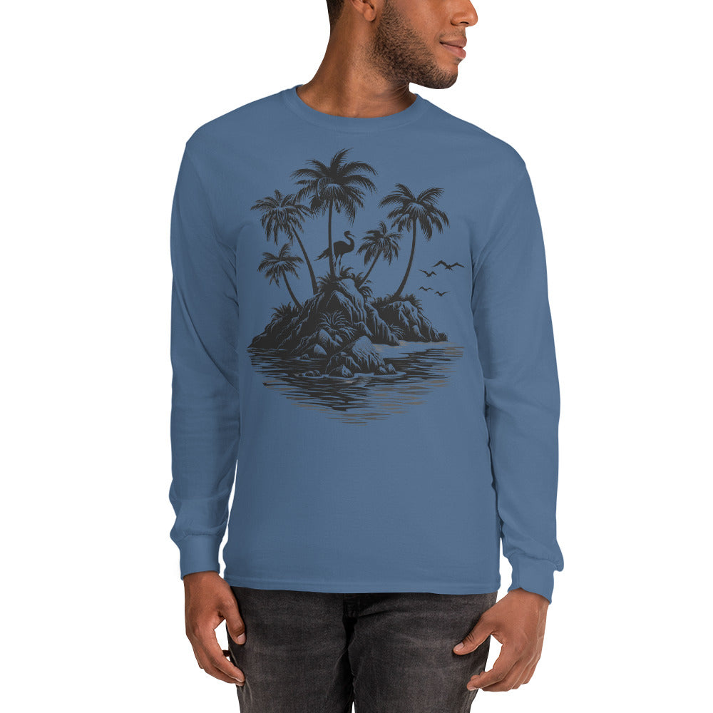 Summer Beach Long Sleeve Tshirt, Island Palm Trees Pelican Unisex Men Women Designer Graphic Printed Crew Neck Tee Top