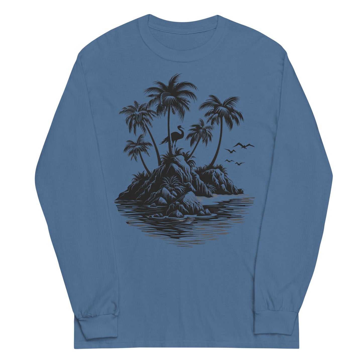 Summer Beach Long Sleeve Tshirt, Island Palm Trees Pelican Unisex Men Women Designer Graphic Printed Crew Neck Tee Top