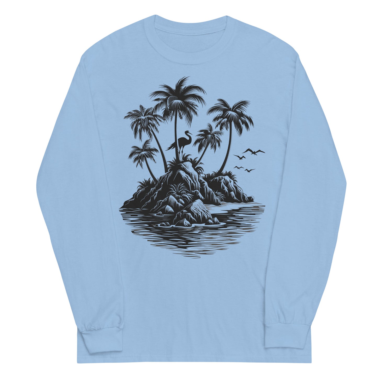 Summer Beach Long Sleeve Tshirt, Island Palm Trees Pelican Unisex Men Women Designer Graphic Printed Crew Neck Tee Top