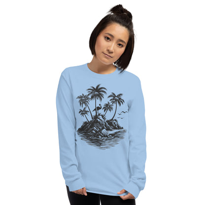 Summer Beach Long Sleeve Tshirt, Island Palm Trees Pelican Unisex Men Women Designer Graphic Printed Crew Neck Tee Top