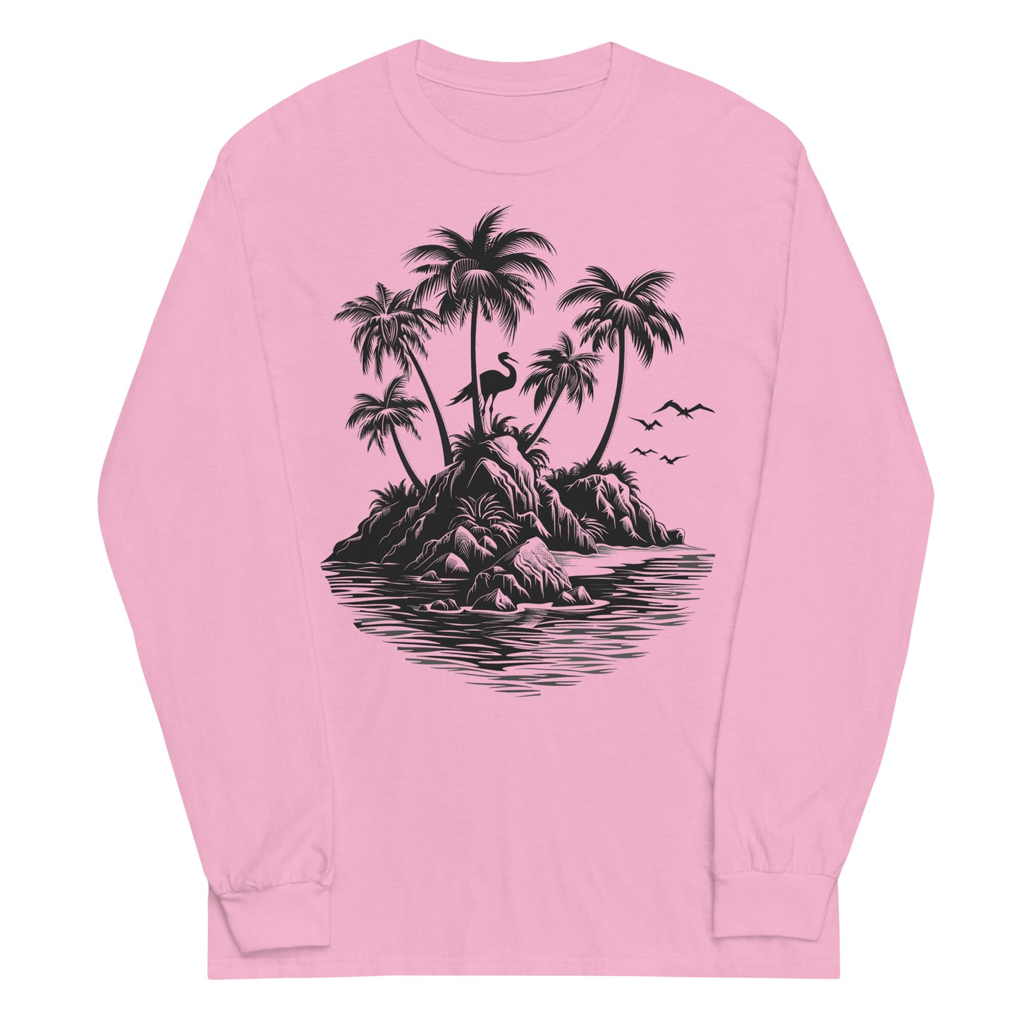 Summer Beach Long Sleeve Tshirt, Island Palm Trees Pelican Unisex Men Women Designer Graphic Printed Crew Neck Tee Top