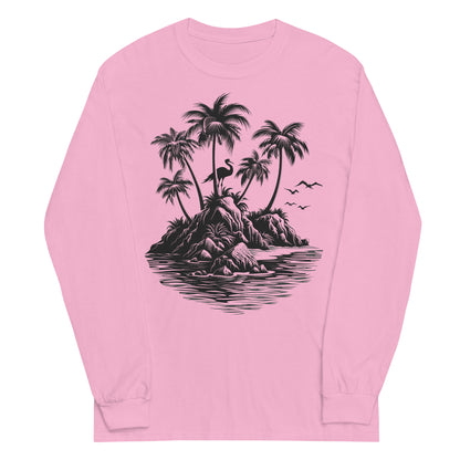 Summer Beach Long Sleeve Tshirt, Island Palm Trees Pelican Unisex Men Women Designer Graphic Printed Crew Neck Tee Top