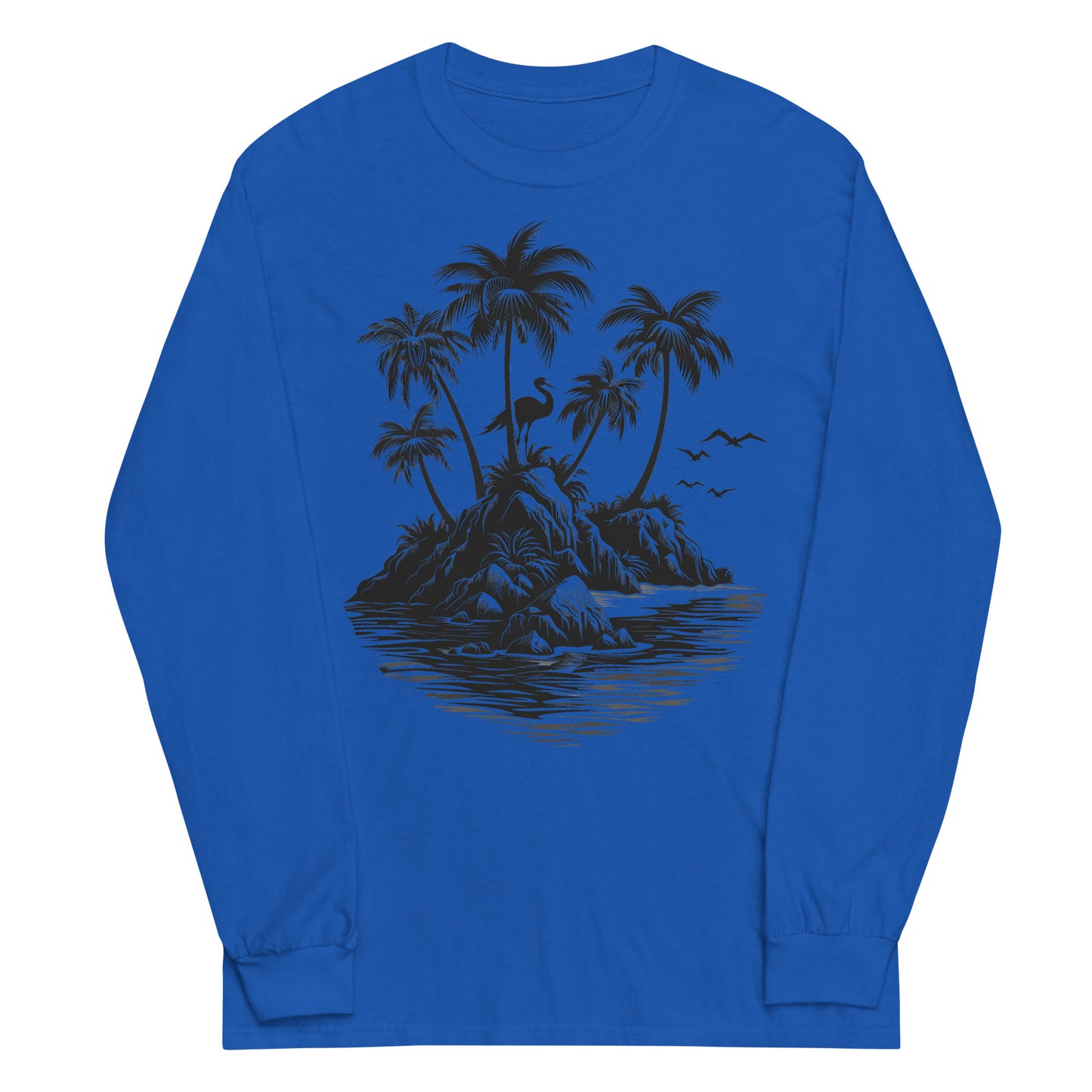 Summer Beach Long Sleeve Tshirt, Island Palm Trees Pelican Unisex Men Women Designer Graphic Printed Crew Neck Tee Top