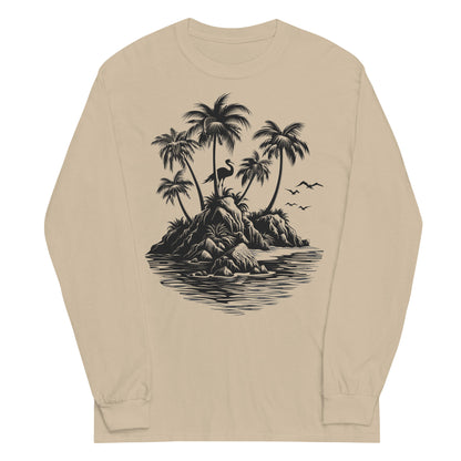 Summer Beach Long Sleeve Tshirt, Island Palm Trees Pelican Unisex Men Women Designer Graphic Printed Crew Neck Tee Top