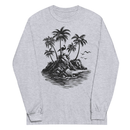 Summer Beach Long Sleeve Tshirt, Island Palm Trees Pelican Unisex Men Women Designer Graphic Printed Crew Neck Tee Top