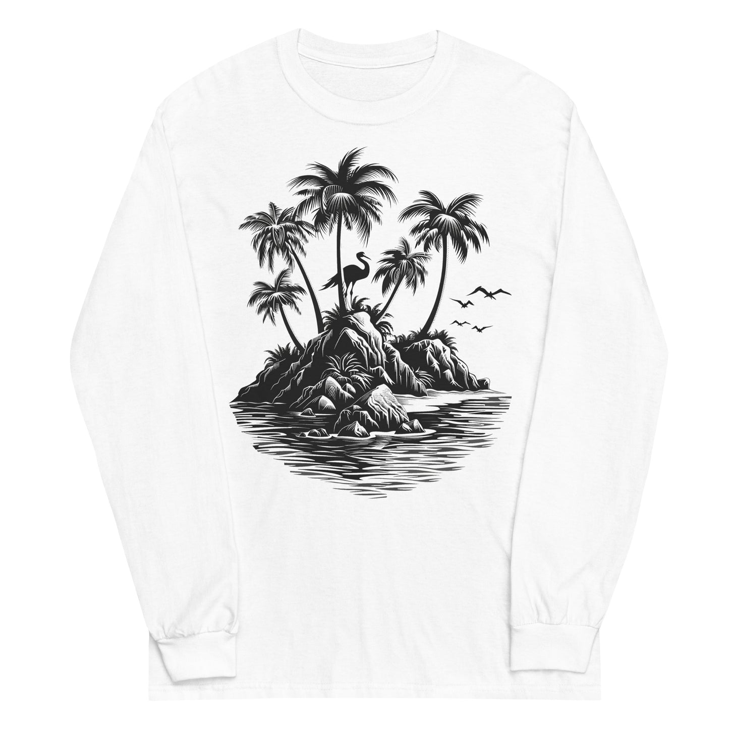 Summer Beach Long Sleeve Tshirt, Island Palm Trees Pelican Unisex Men Women Designer Graphic Printed Crew Neck Tee Top