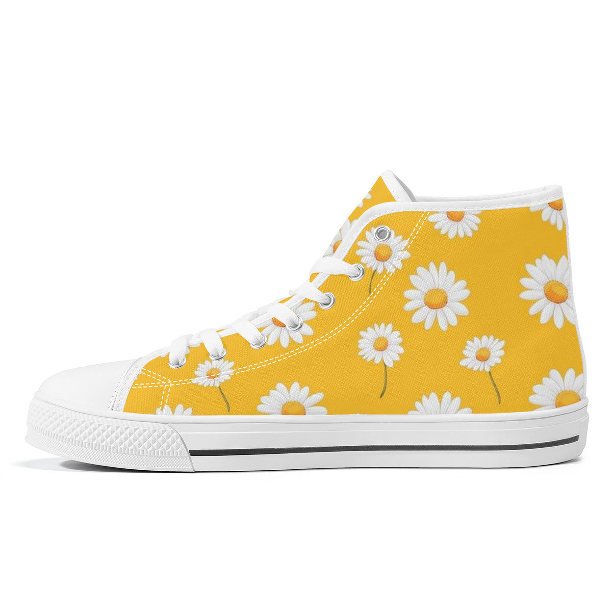 Yellow Floral High Top Shoes Sneakers, White Daisy Flowers Men Women Lace Up Casual Footwear Rave Canvas Streetwear Designer Ladies Guys