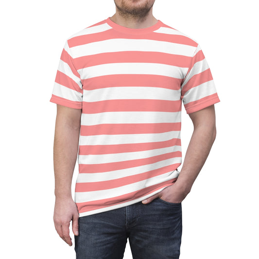 Pink and White Striped Tshirt, Horizontal Bold Stripes Designer Lightweight Heavyweight Crewneck Men Women Tee Top Short Sleeve Shirt