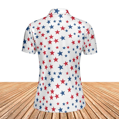 Red White Blue Stars Women Polo Shirt, American USA Ladies Slim Fit Short Sleeve Collared Casual Summer Buttoned Down Up Sports Golf Tee Top