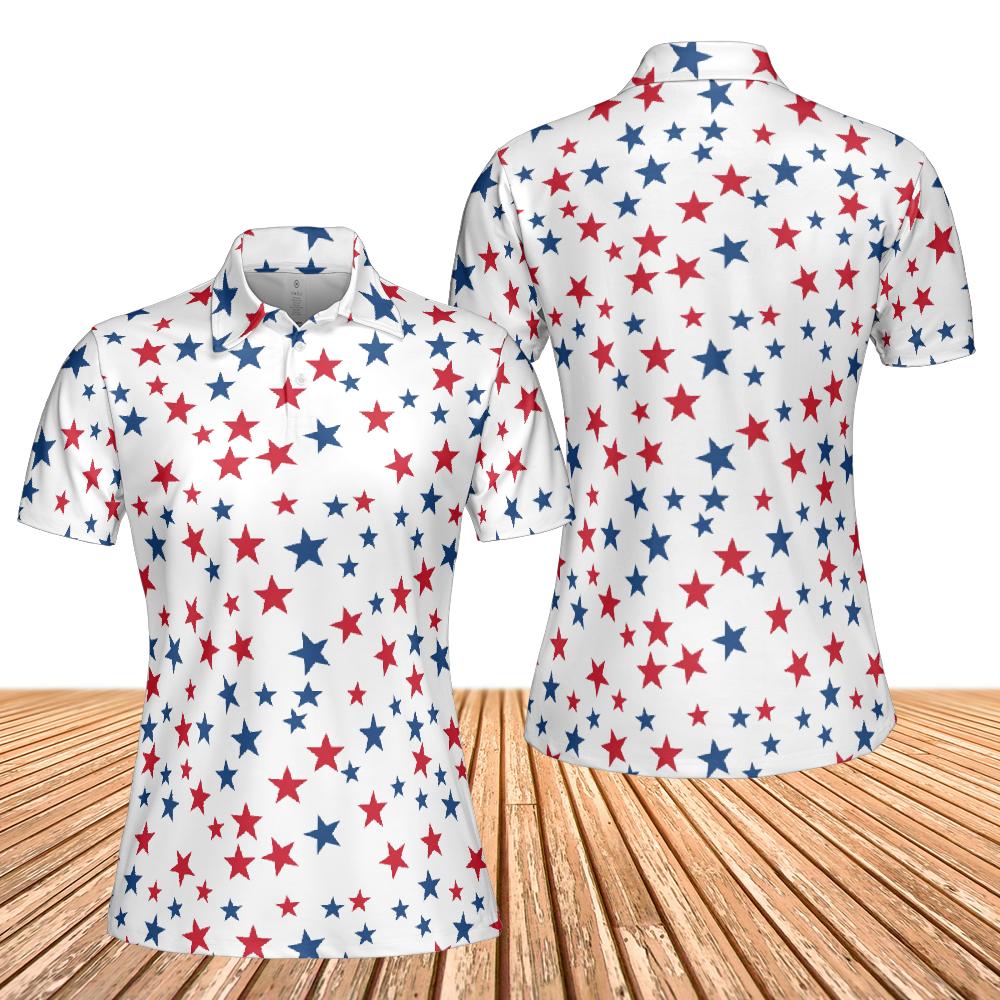 Red White Blue Stars Women Polo Shirt, American USA Ladies Slim Fit Short Sleeve Collared Casual Summer Buttoned Down Up Sports Golf Tee Top