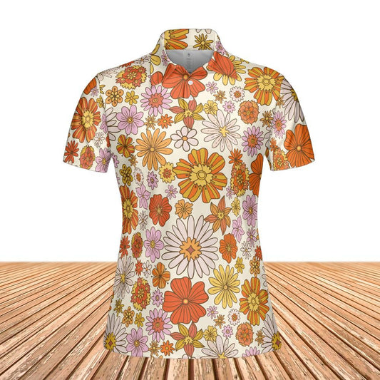 Retro Floral Women Polo Shirt, Vintage Flowers Orange Pink Slim Fit Short Sleeve Collared Casual Summer Buttoned Down Up Sports Golf Tee Top