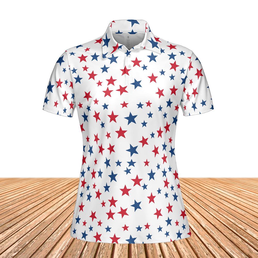 Red White Blue Stars Women Polo Shirt, American USA Ladies Slim Fit Short Sleeve Collared Casual Summer Buttoned Down Up Sports Golf Tee Top