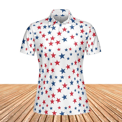 Red White Blue Stars Women Polo Shirt, American USA Ladies Slim Fit Short Sleeve Collared Casual Summer Buttoned Down Up Sports Golf Tee Top