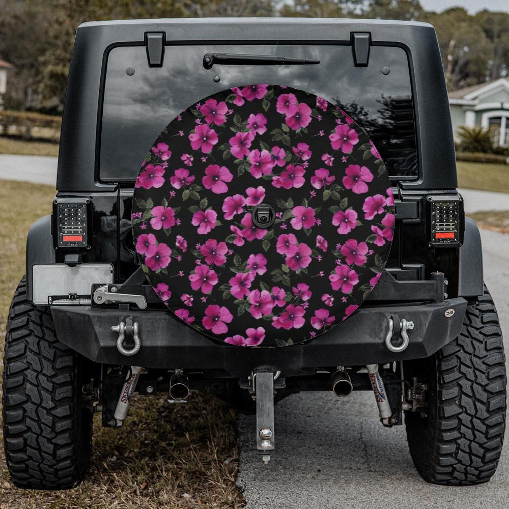 Pink Flowers Spare Tire Cover, Floral Black Backup Camera Hole Unique Back Extra Wheel Cars RV Men Women Girls Trailer Campers