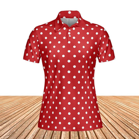 Red Polka Dots Women Polo Shirt, Vintage Retro Ladies Slim Fit Short Sleeve Collared Casual Summer Buttoned Down Up Sports Golf Tee Top